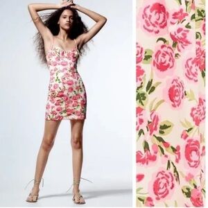 ZARA Pink Rose Floral Mini Dress L